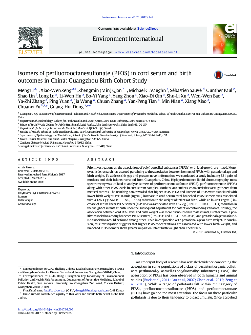 Isomers of perfluorooctanesulfonate (PFOS) in cord serum and birth outcomes in China: Guangzhou Birth Cohort Study