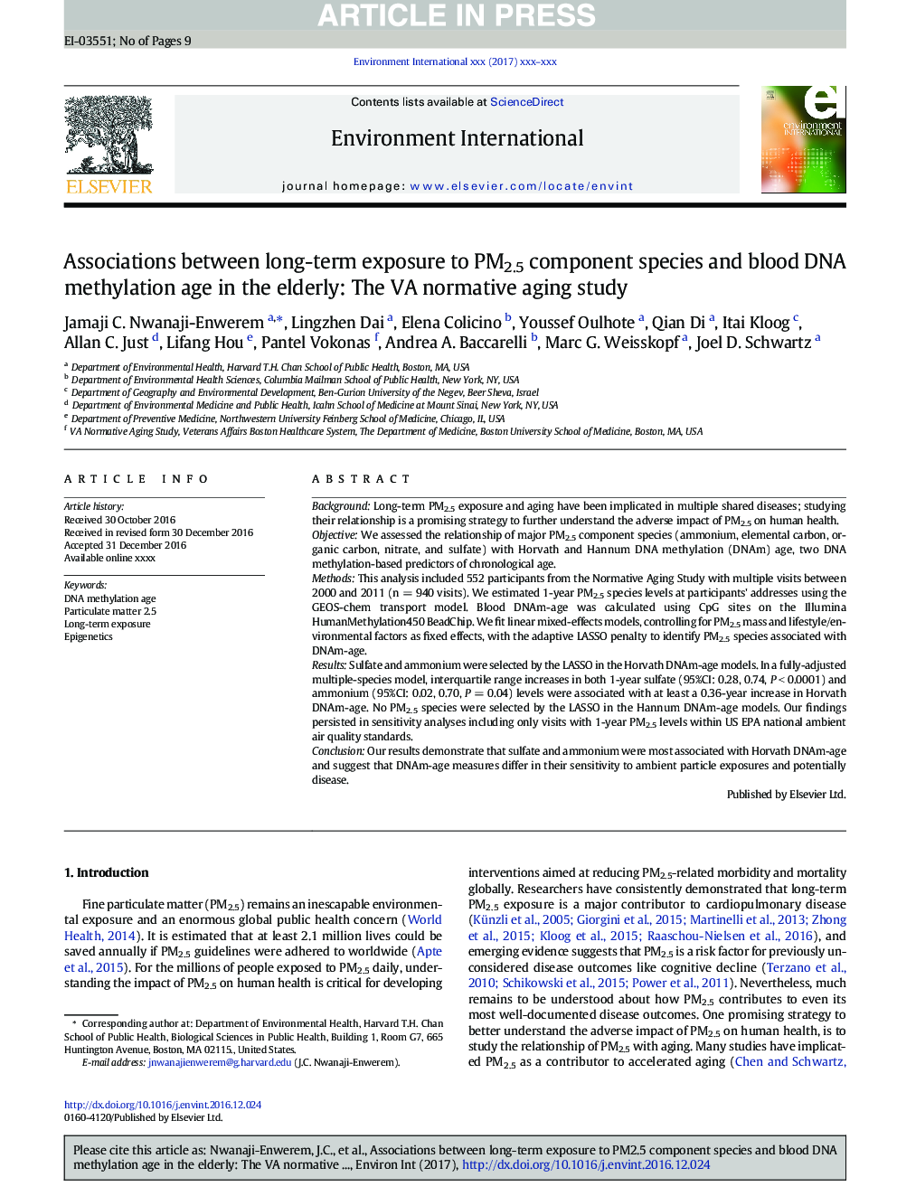 Associations between long-term exposure to PM2.5 component species and blood DNA methylation age in the elderly: The VA normative aging study