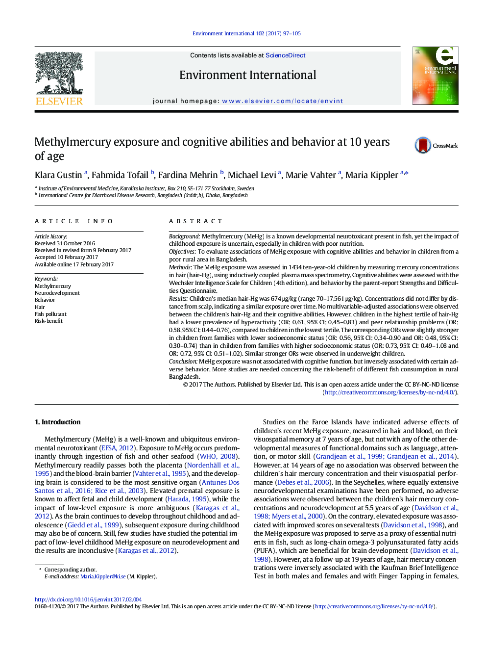 Methylmercury exposure and cognitive abilities and behavior at 10Â years of age