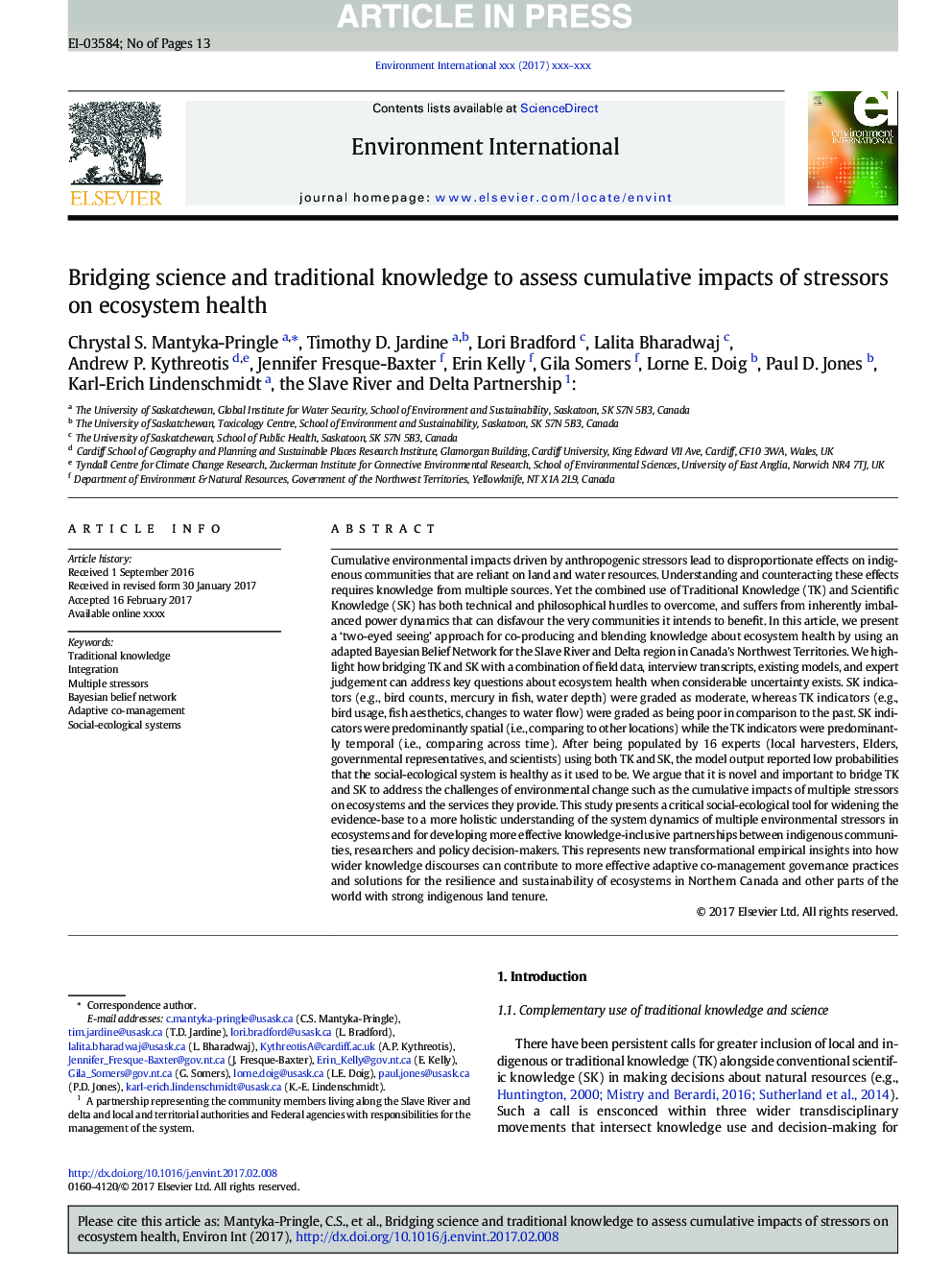 Bridging science and traditional knowledge to assess cumulative impacts of stressors on ecosystem health