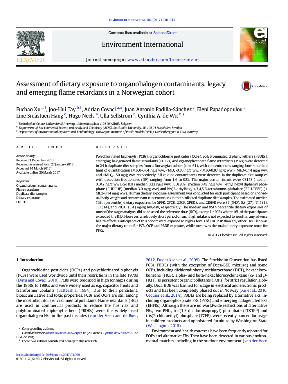 Assessment of dietary exposure to organohalogen contaminants, legacy and emerging flame retardants in a Norwegian cohort