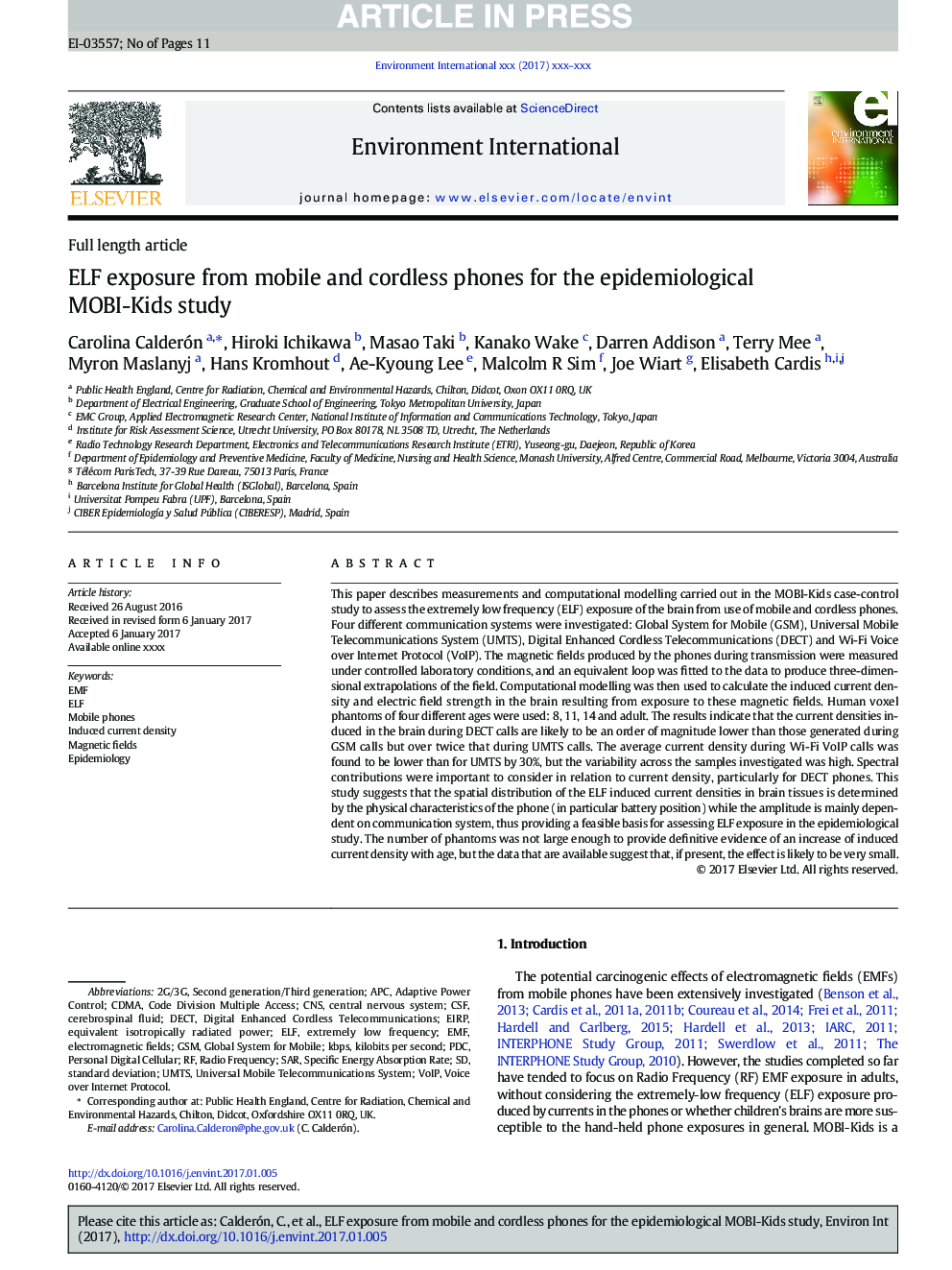 عکس صفحه اول مقاله: ELF exposure from mobile and cordless phones for the epidemiological MOBI-Kids study ELF exposure from mobile and cordless phones for the epidemiological MOBI-Kids study