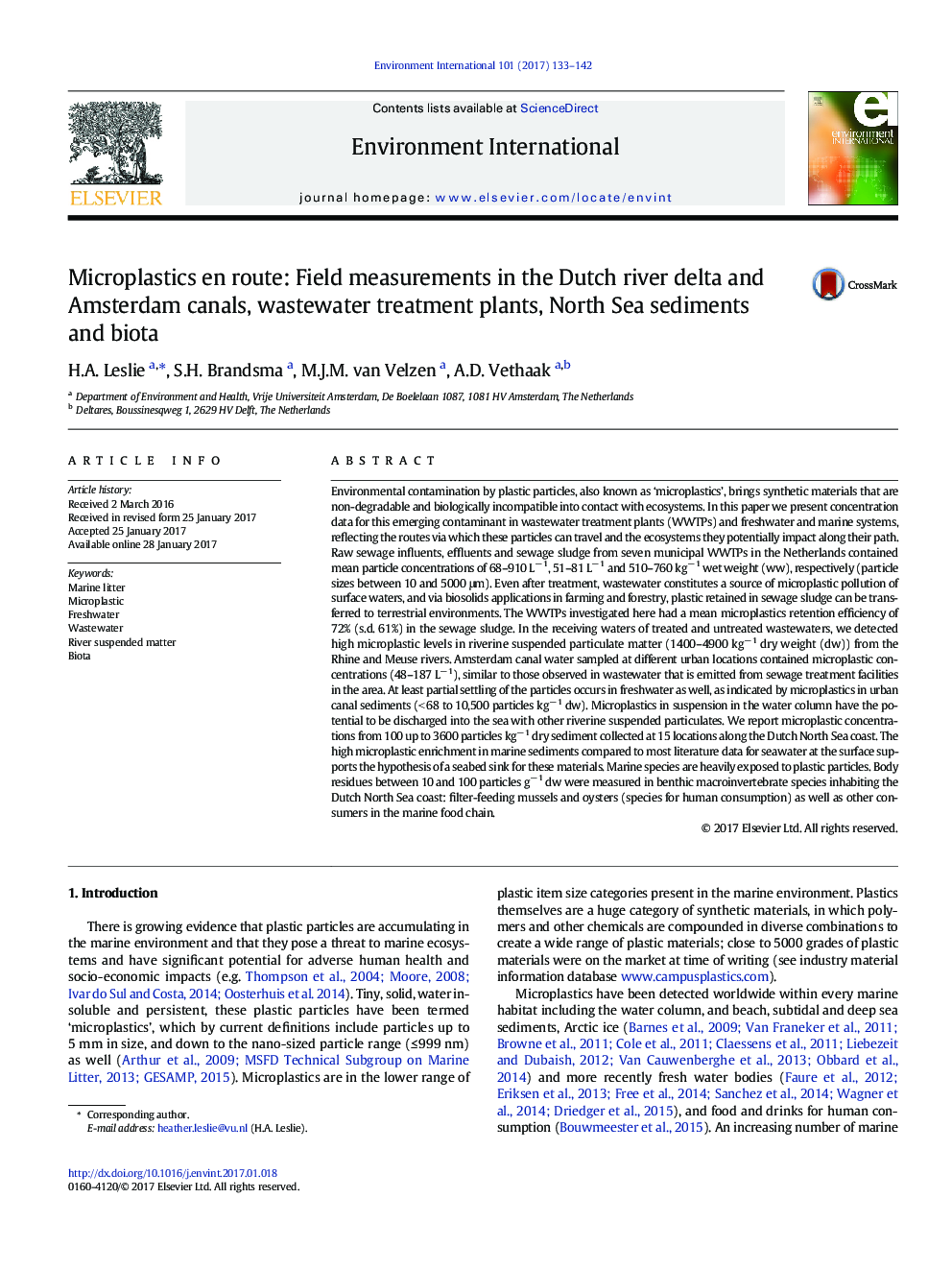 Microplastics en route: Field measurements in the Dutch river delta and Amsterdam canals, wastewater treatment plants, North Sea sediments and biota