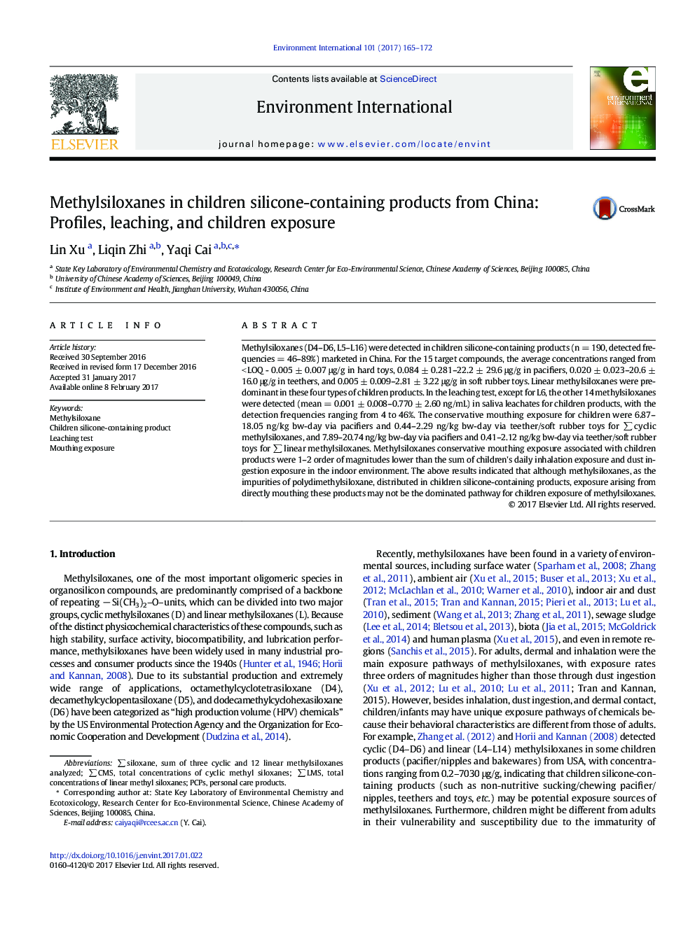 Methylsiloxanes in children silicone-containing products from China: Profiles, leaching, and children exposure