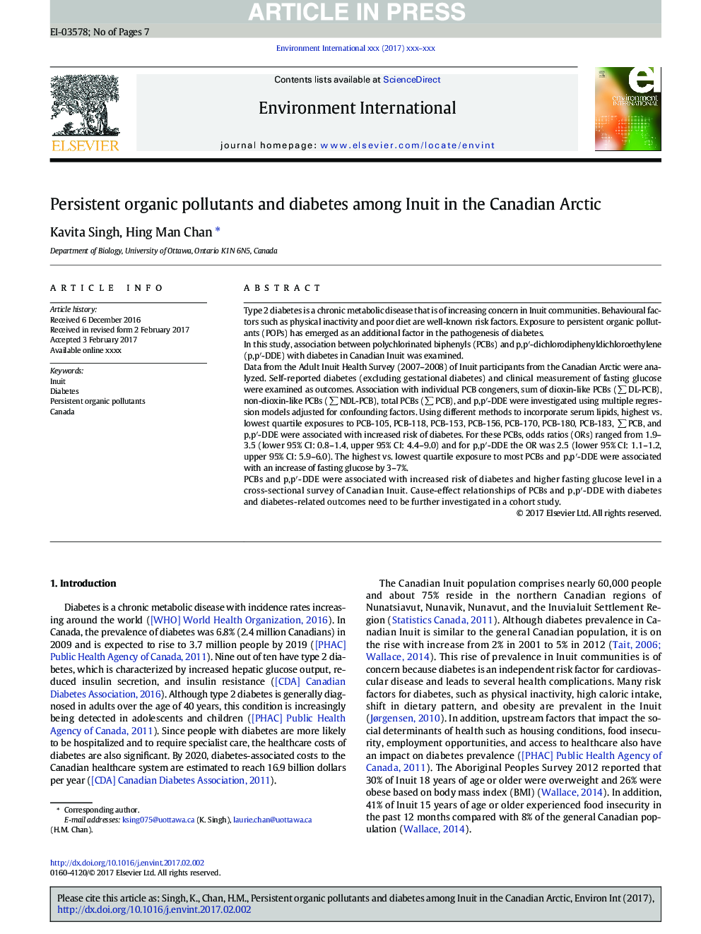 Persistent organic pollutants and diabetes among Inuit in the Canadian Arctic