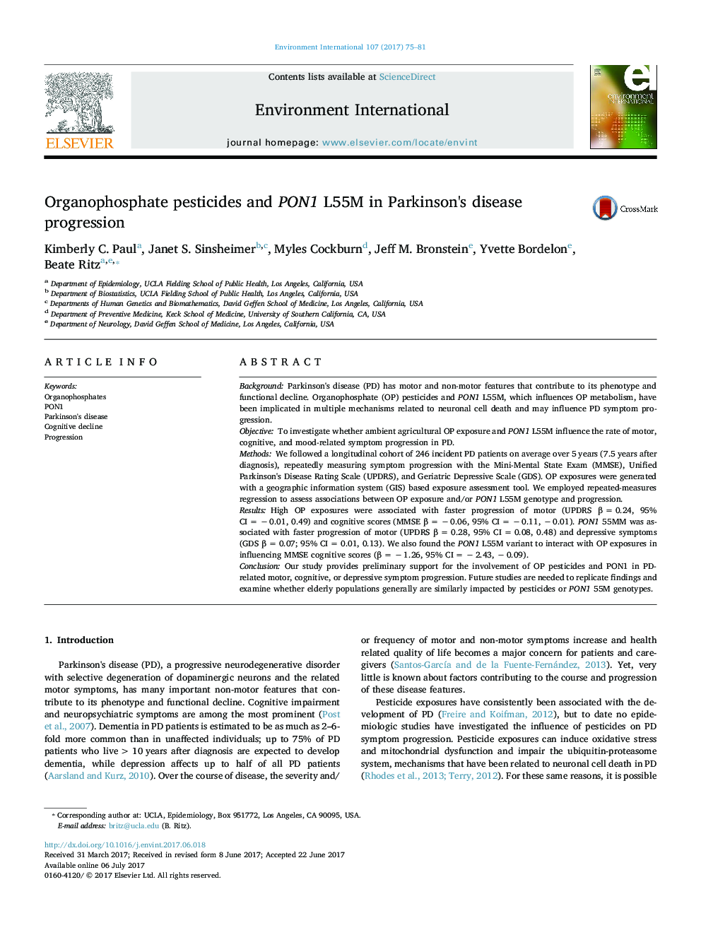 Organophosphate pesticides and PON1 L55M in Parkinson's disease progression