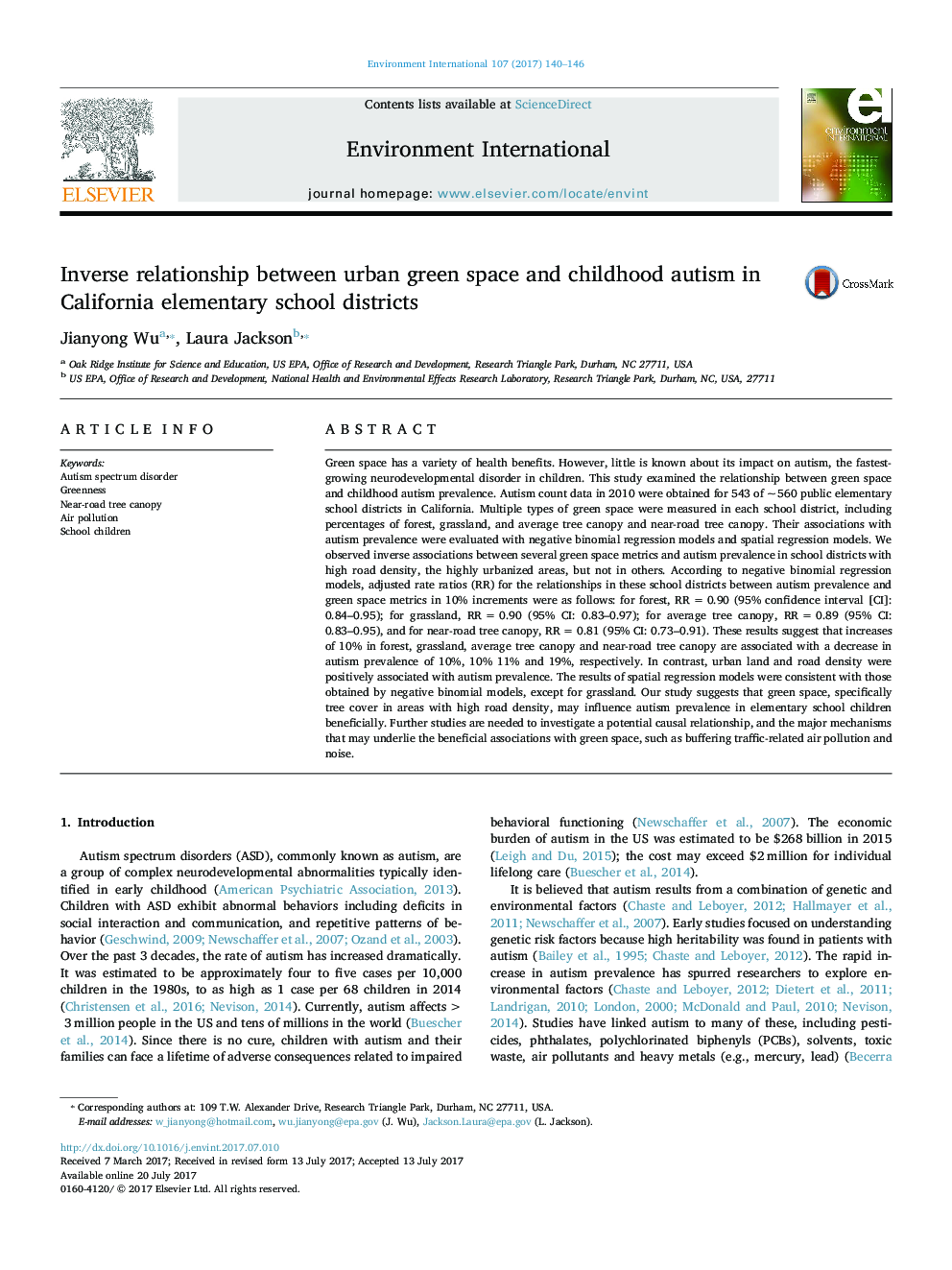 Inverse relationship between urban green space and childhood autism in California elementary school districts