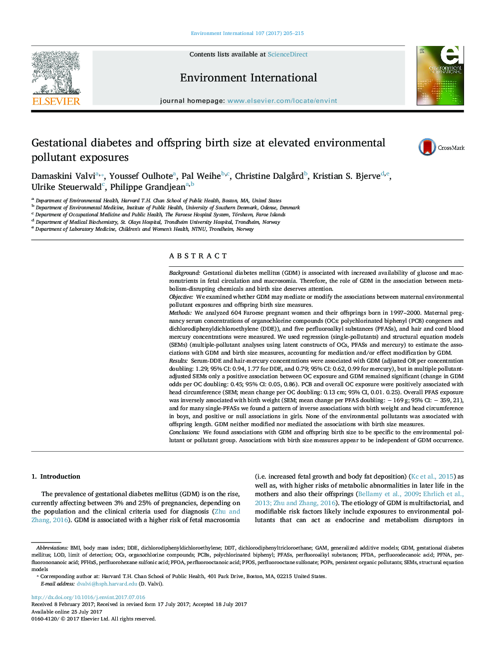 Gestational diabetes and offspring birth size at elevated environmental pollutant exposures