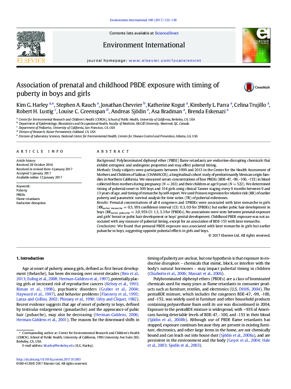 Association of prenatal and childhood PBDE exposure with timing of puberty in boys and girls