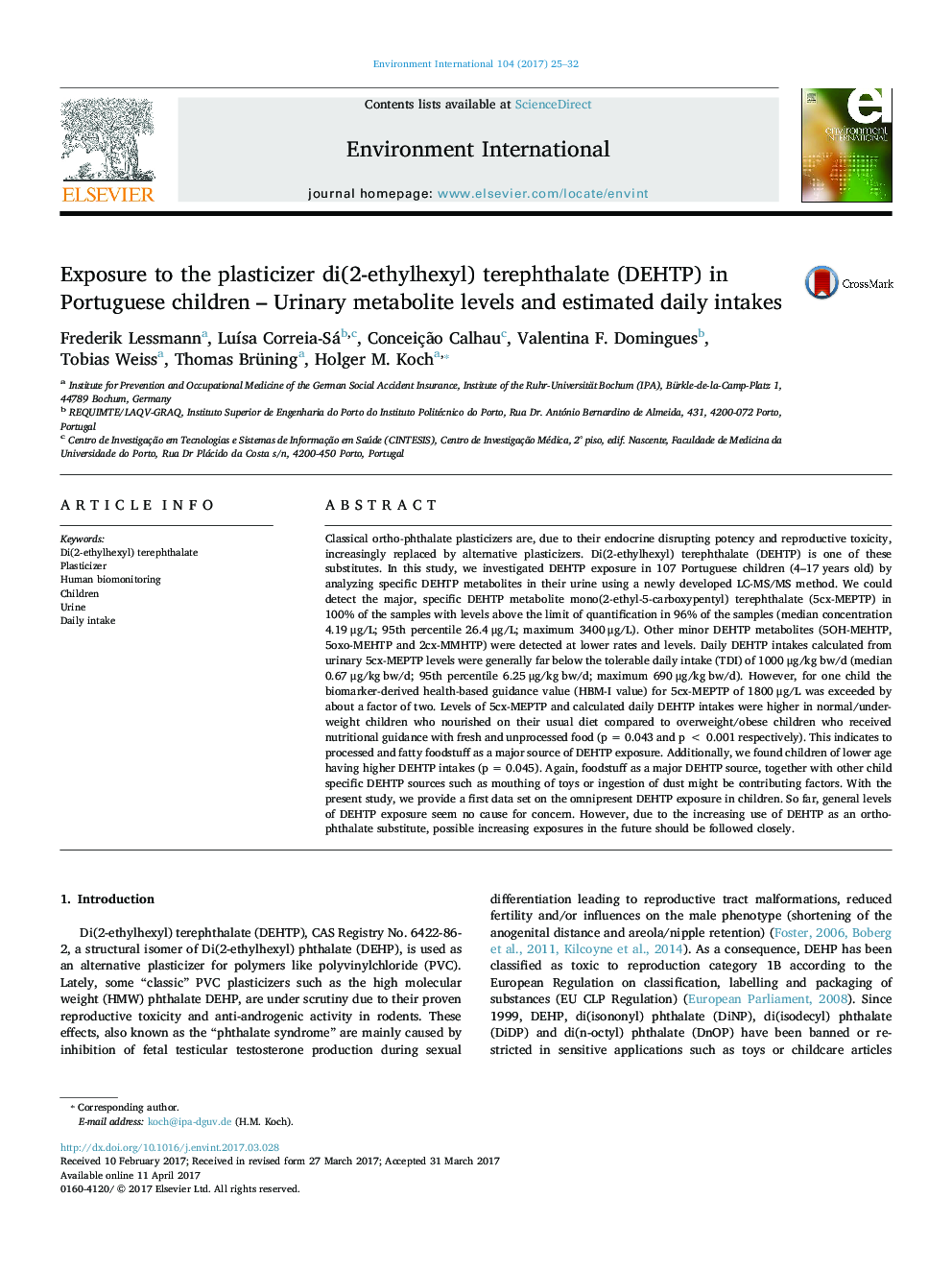 Exposure to the plasticizer di(2-ethylhexyl) terephthalate (DEHTP) in Portuguese children - Urinary metabolite levels and estimated daily intakes