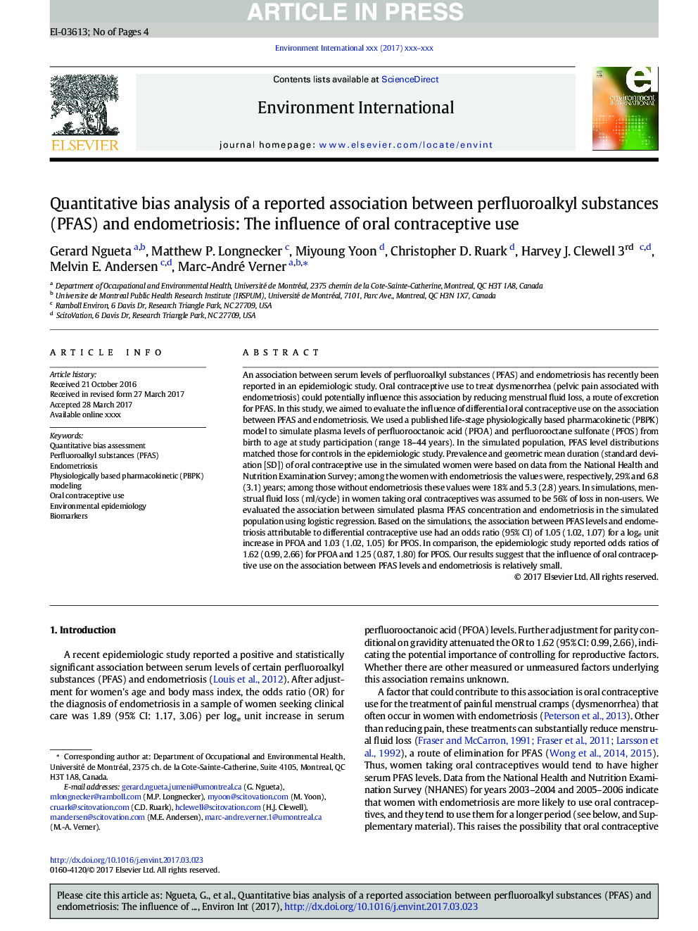 Quantitative bias analysis of a reported association between perfluoroalkyl substances (PFAS) and endometriosis: The influence of oral contraceptive use