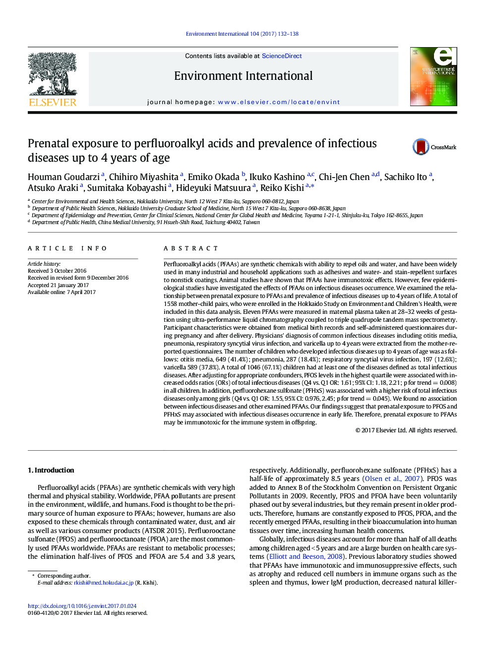 Prenatal exposure to perfluoroalkyl acids and prevalence of infectious diseases up to 4Â years of age