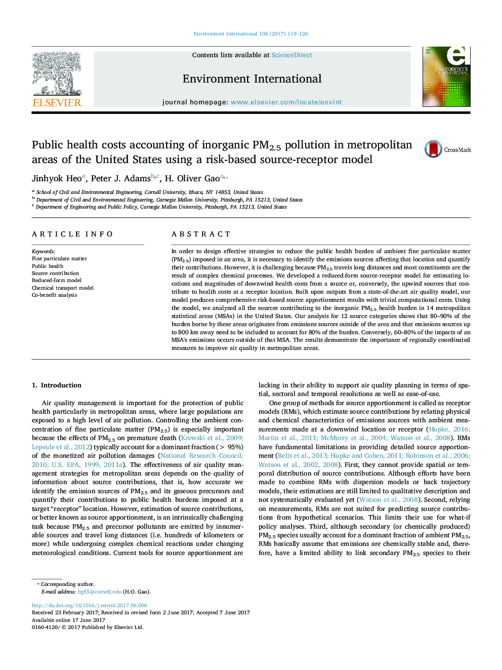 Public health costs accounting of inorganic PM2.5 pollution in metropolitan areas of the United States using a risk-based source-receptor model