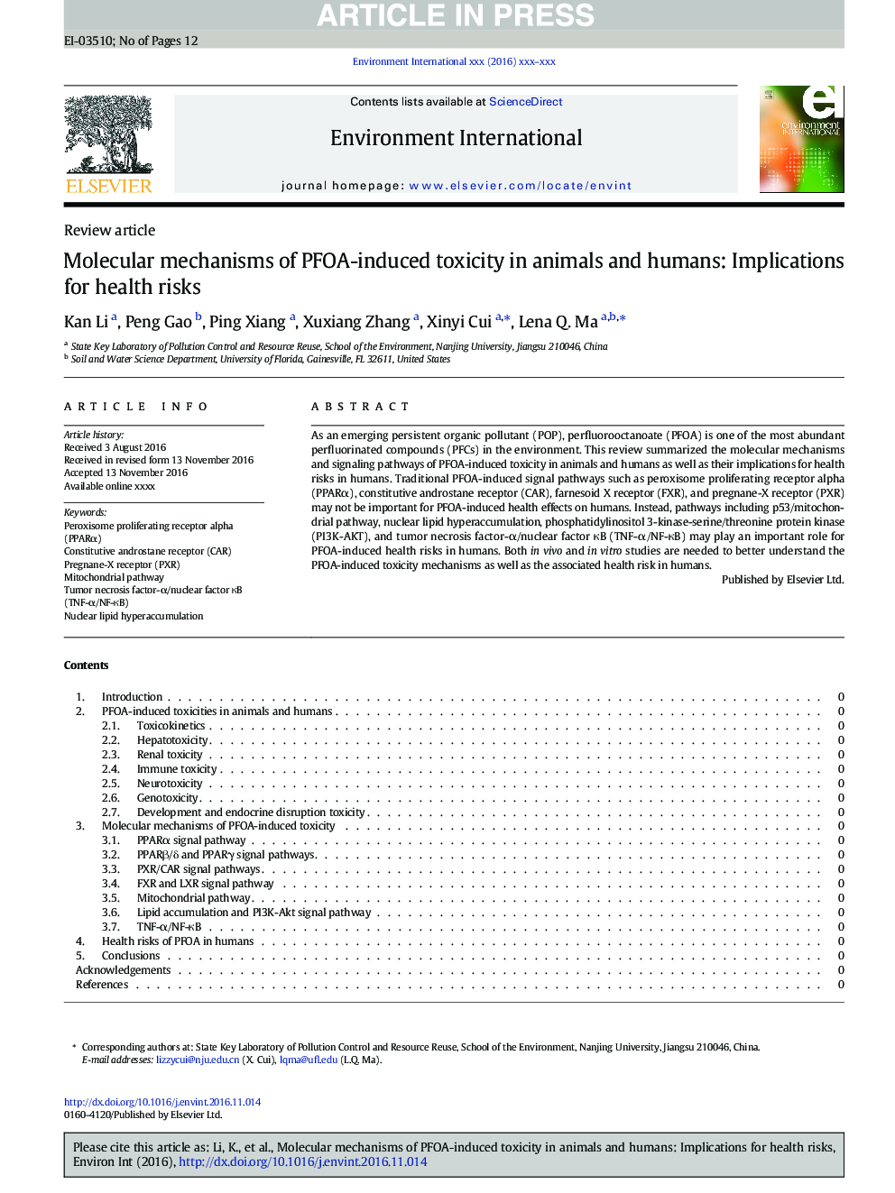 Molecular mechanisms of PFOA-induced toxicity in animals and humans: Implications for health risks