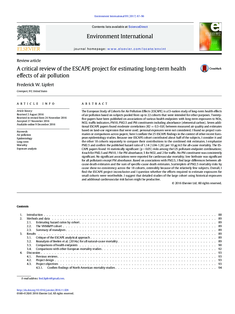 Review articleA critical review of the ESCAPE project for estimating long-term health effects of air pollution