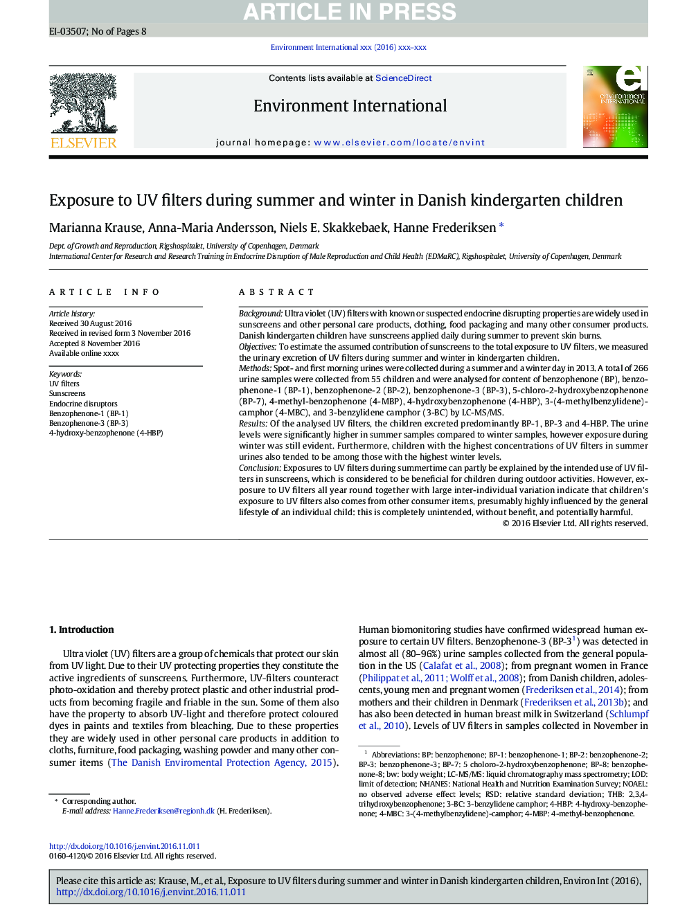 عکس صفحه اول مقاله: Exposure to UV filters during summer and winter in Danish kindergarten children Exposure to UV filters during summer and winter in Danish kindergarten children
