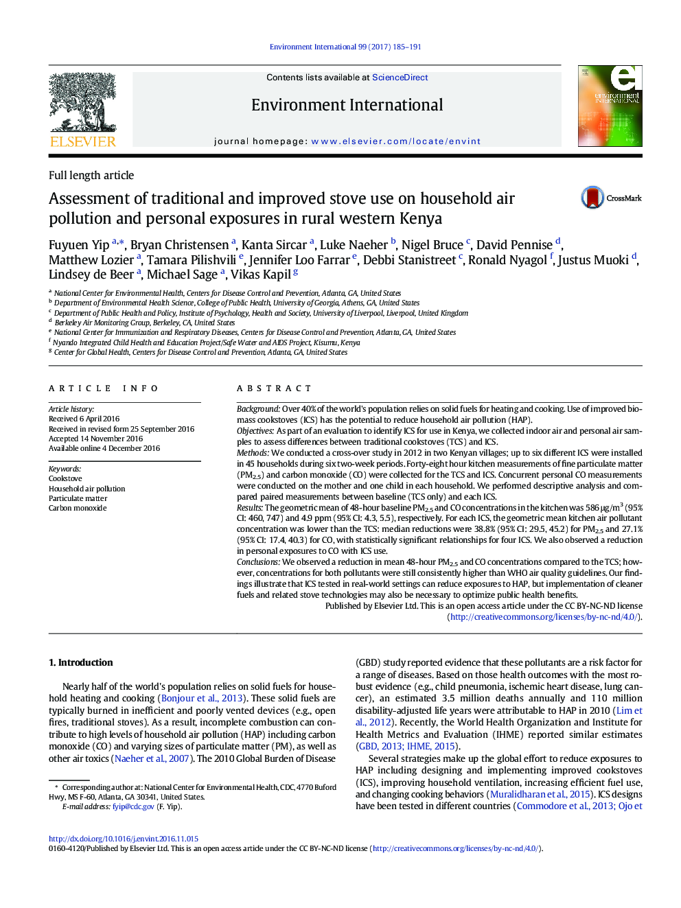 Full length articleAssessment of traditional and improved stove use on household air pollution and personal exposures in rural western Kenya