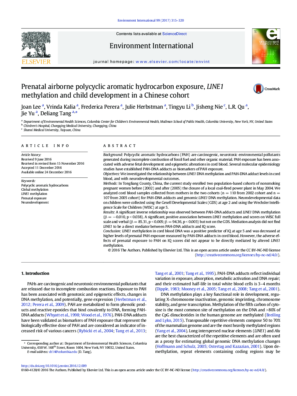 Prenatal airborne polycyclic aromatic hydrocarbon exposure, LINE1 methylation and child development in a Chinese cohort