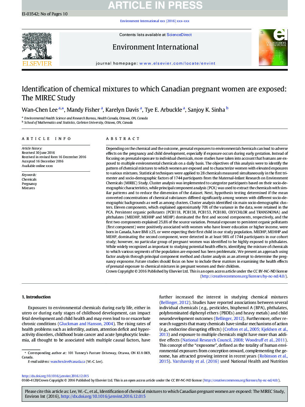 Identification of chemical mixtures to which Canadian pregnant women are exposed: The MIREC Study