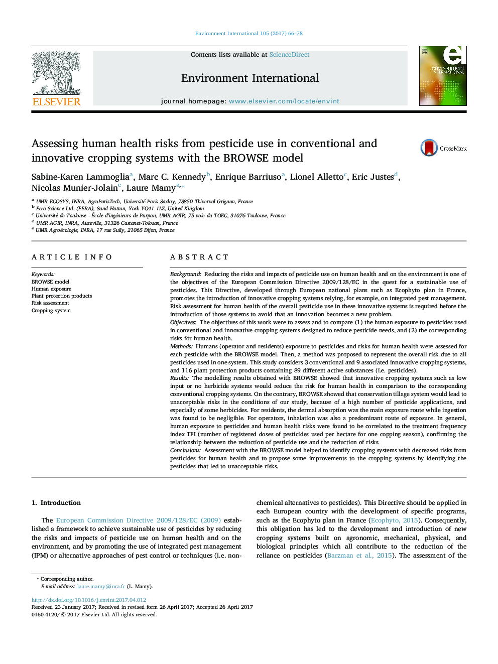 Assessing human health risks from pesticide use in conventional and innovative cropping systems with the BROWSE model