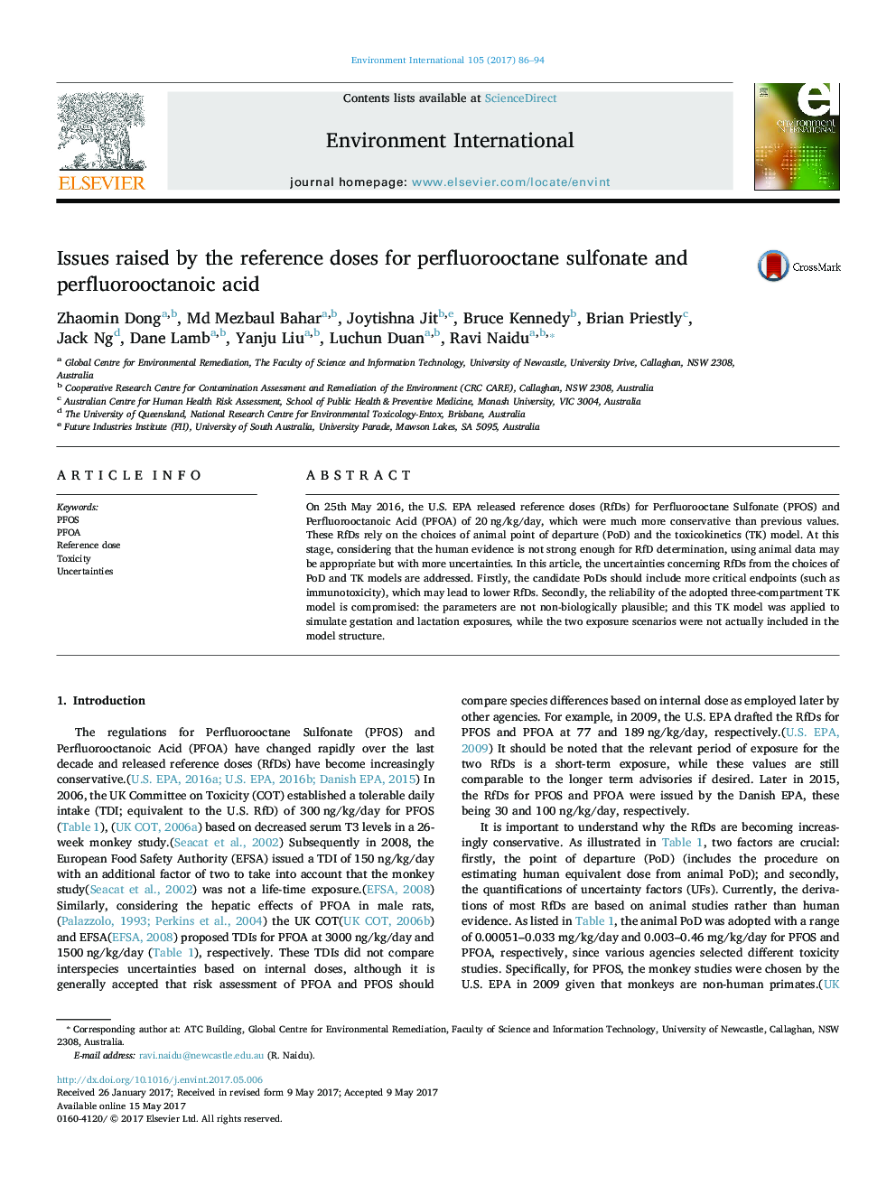 Issues raised by the reference doses for perfluorooctane sulfonate and perfluorooctanoic acid