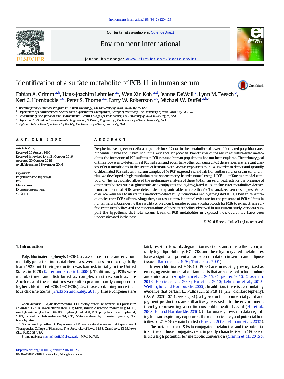 Identification of a sulfate metabolite of PCB 11 in human serum