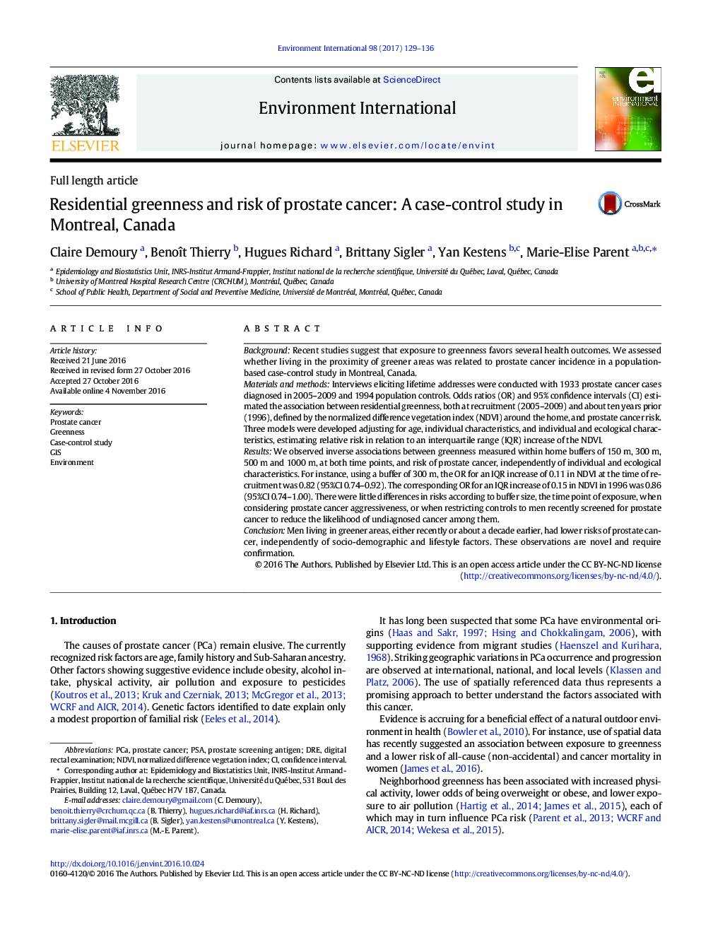 مقاله کامل مقاله سبز و خطر ابتلا به سرطان پروستات: یک مطالعه مورد - شاهدی در مونترال، کانادا 