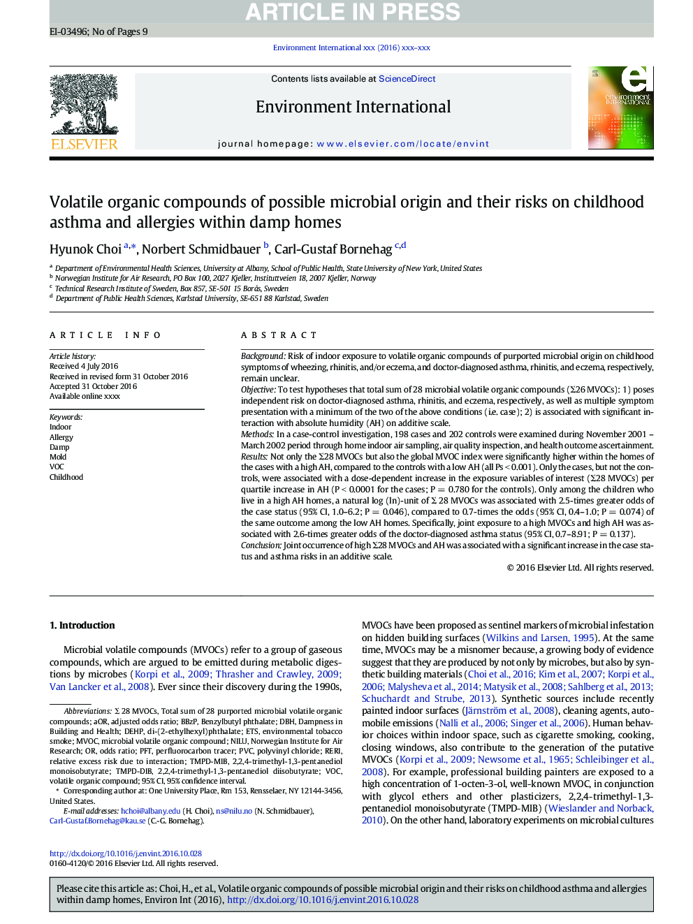 Volatile organic compounds of possible microbial origin and their risks on childhood asthma and allergies within damp homes