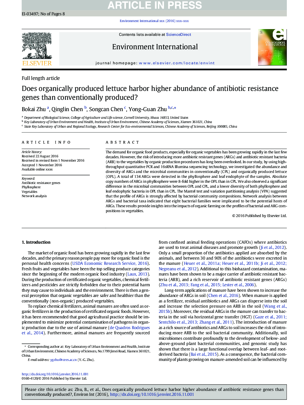 Does organically produced lettuce harbor higher abundance of antibiotic resistance genes than conventionally produced?