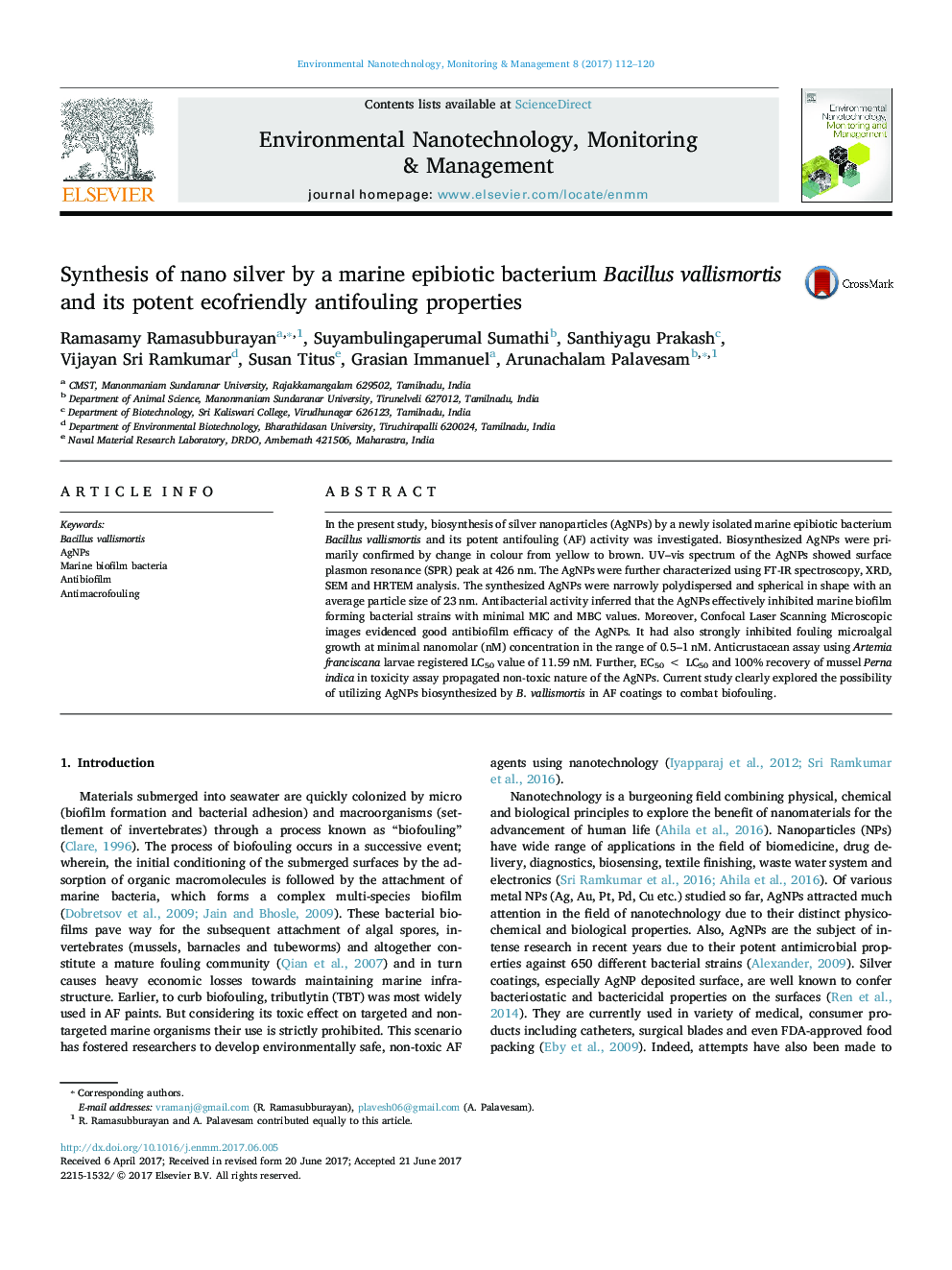 Synthesis of nano silver by a marine epibiotic bacterium Bacillus vallismortis and its potent ecofriendly antifouling properties