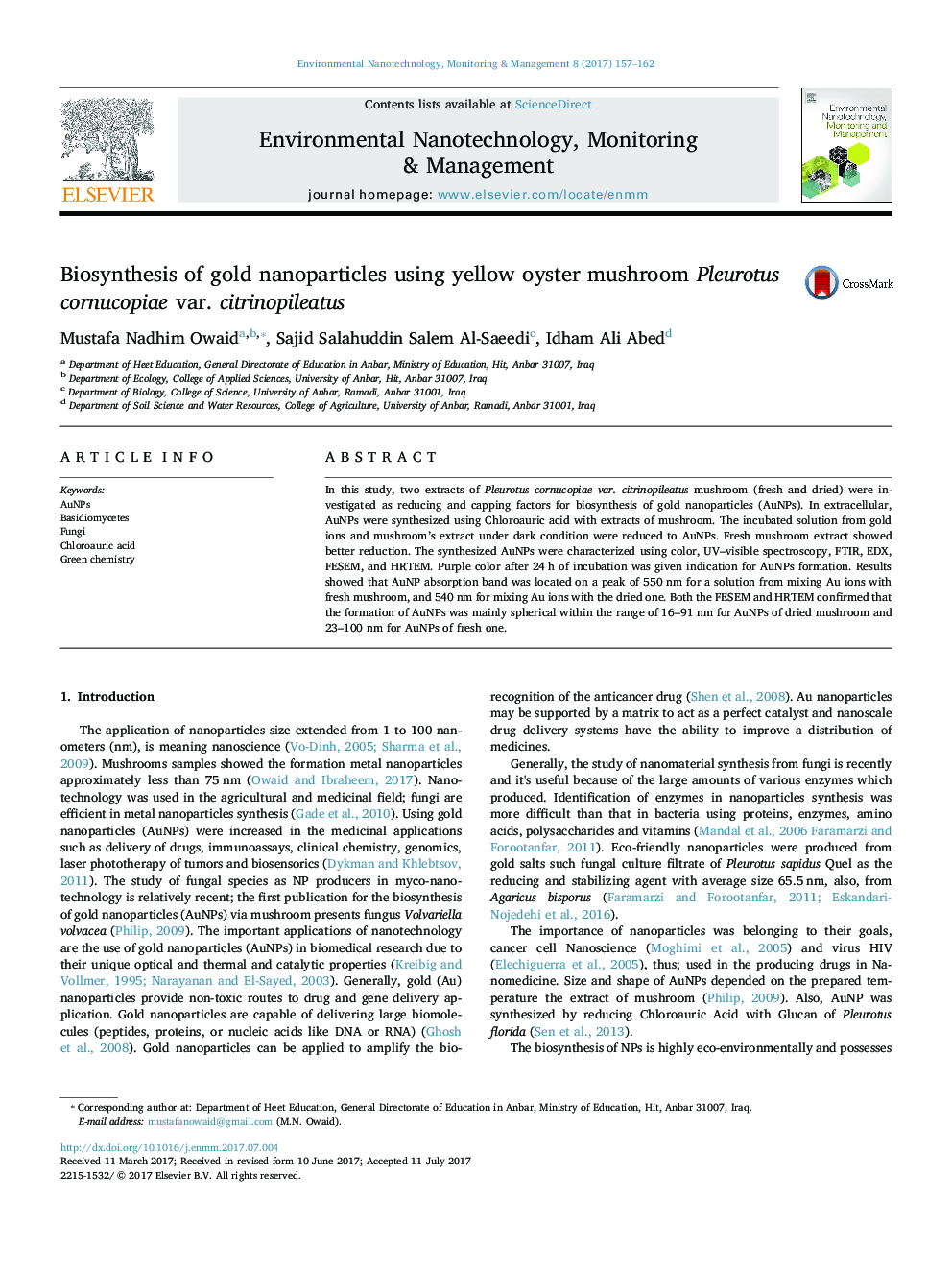 Biosynthesis of gold nanoparticles using yellow oyster mushroom Pleurotus cornucopiae var. citrinopileatus