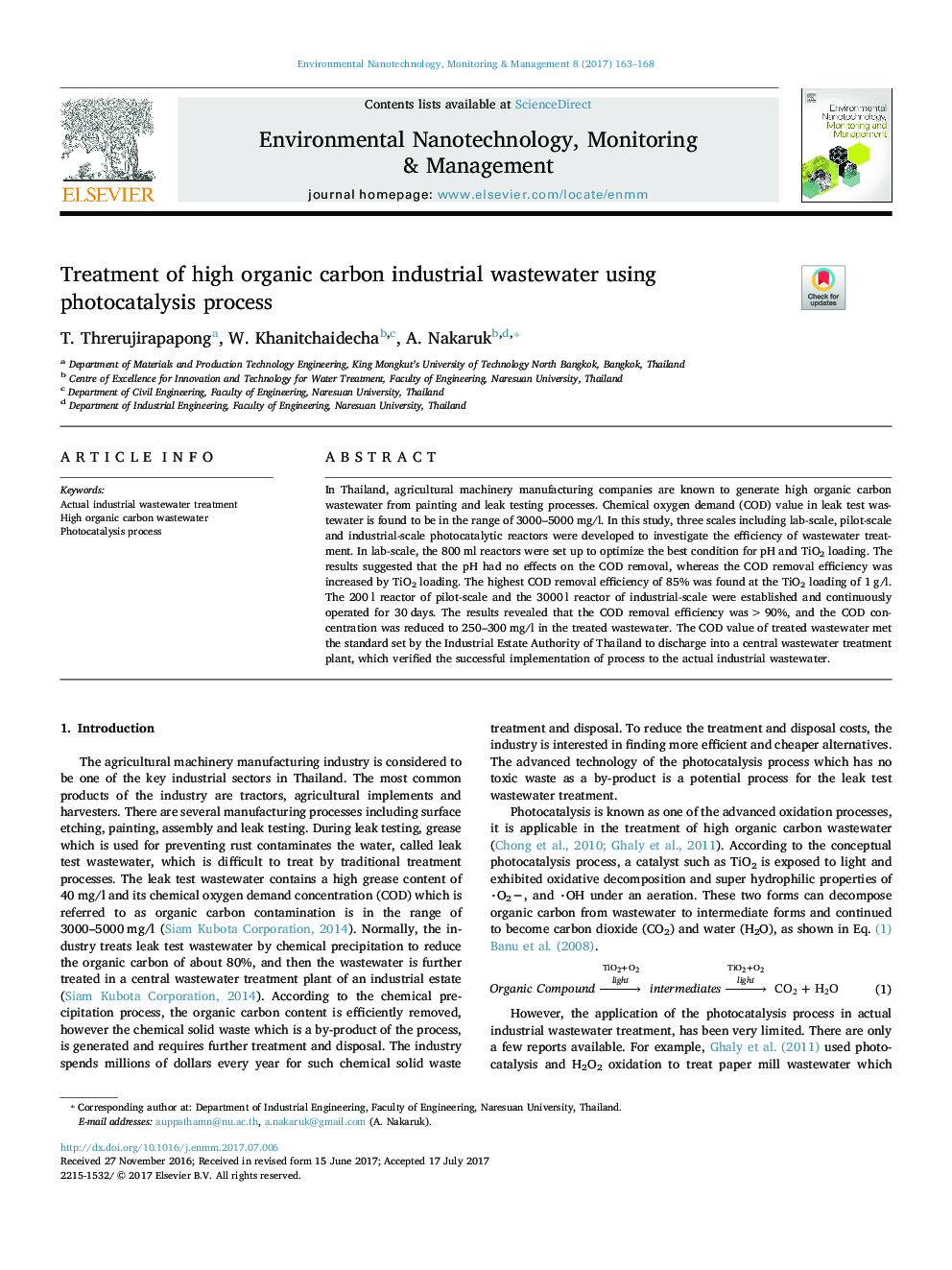 Treatment of high organic carbon industrial wastewater using photocatalysis process