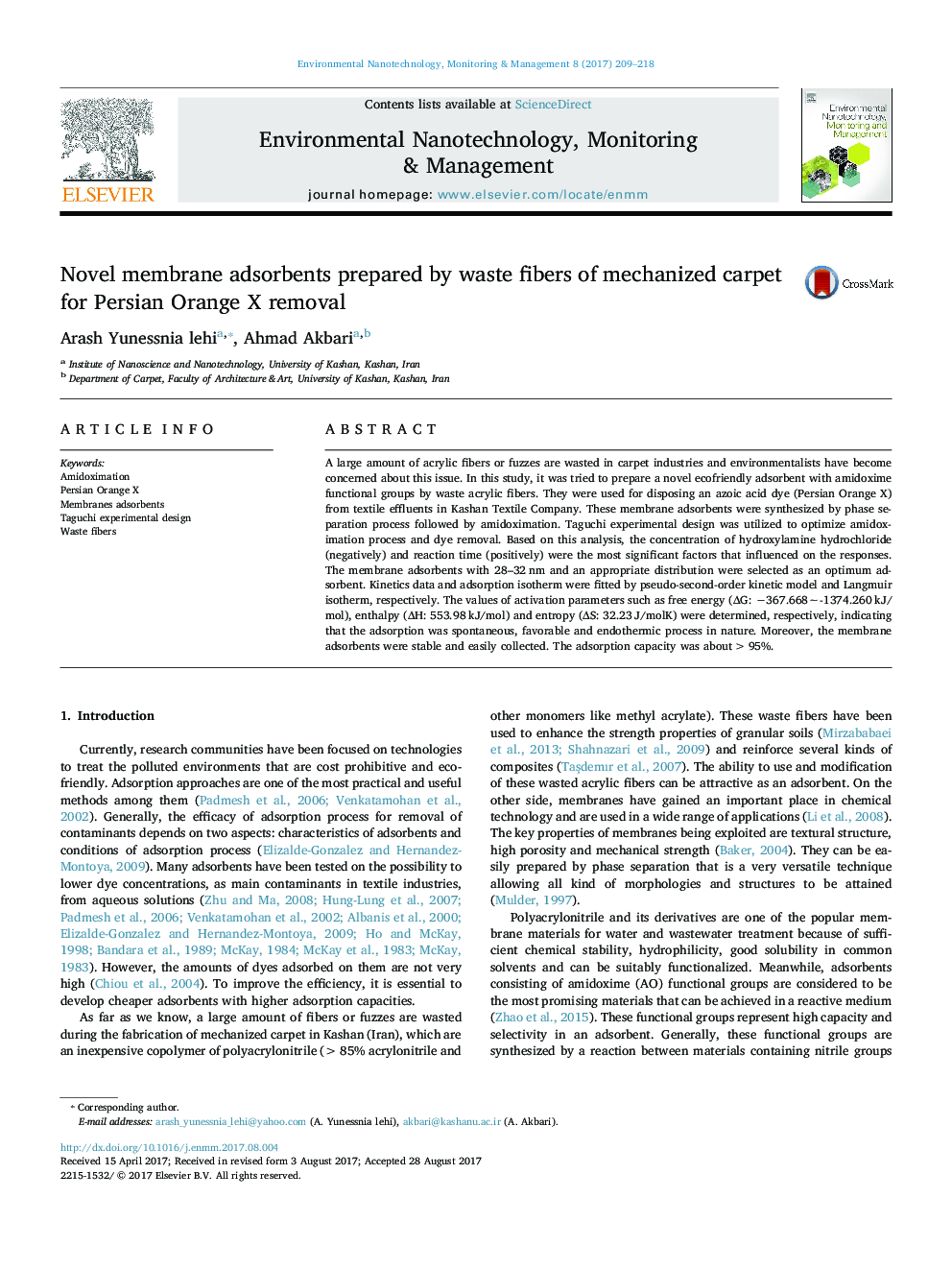 Novel membrane adsorbents prepared by waste fibers of mechanized carpet for Persian Orange X removal