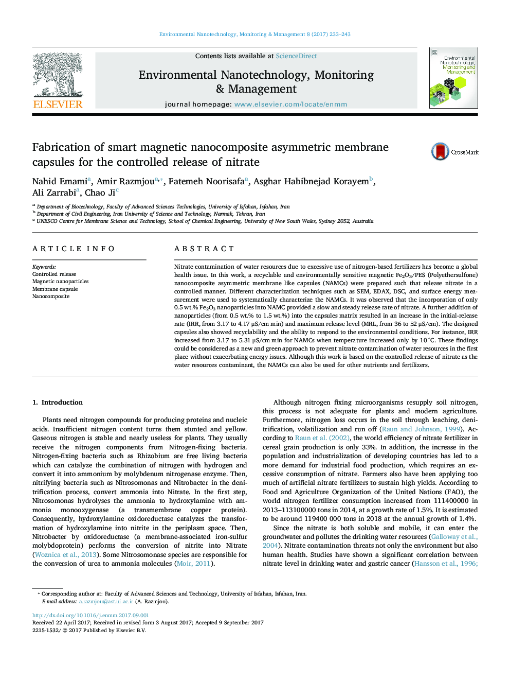 Fabrication of smart magnetic nanocomposite asymmetric membrane capsules for the controlled release of nitrate