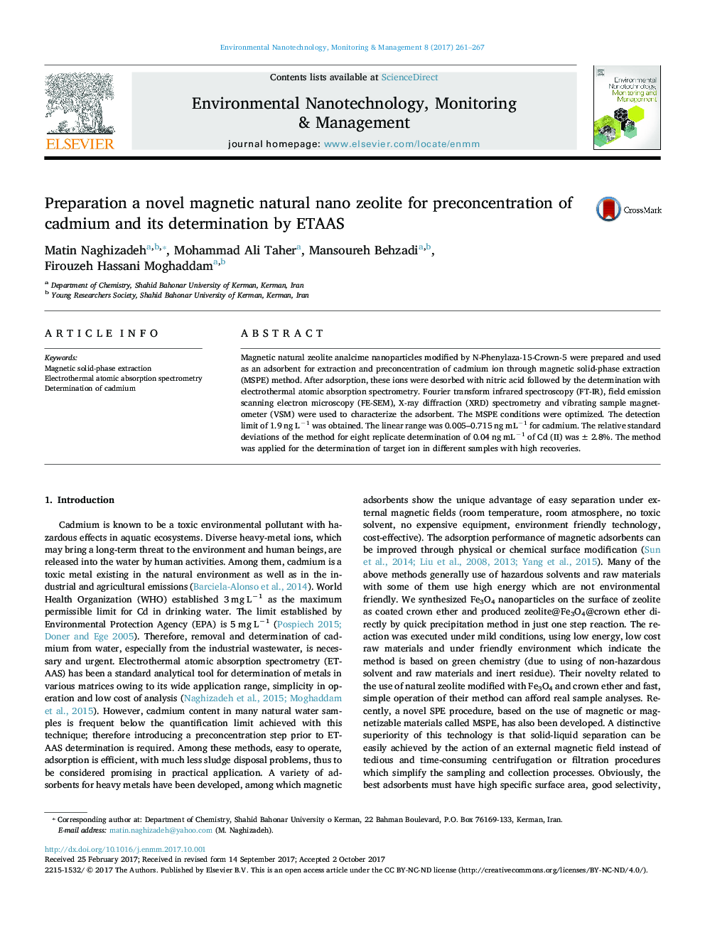 Preparation a novel magnetic natural nano zeolite for preconcentration of cadmium and its determination by ETAAS