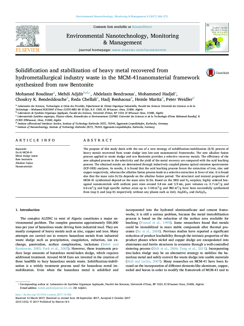 Solidification and stabilization of heavy metal recovered from hydrometallurgical industry waste in the MCM-41nanomaterial framework synthesized from raw Bentonite