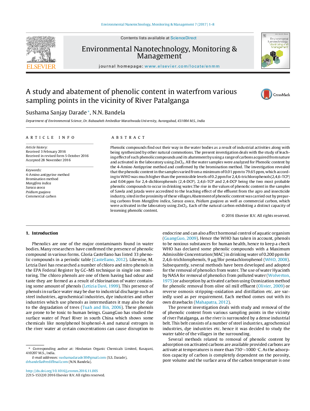 A study and abatement of phenolic content in waterfrom various sampling points in the vicinity of River Patalganga