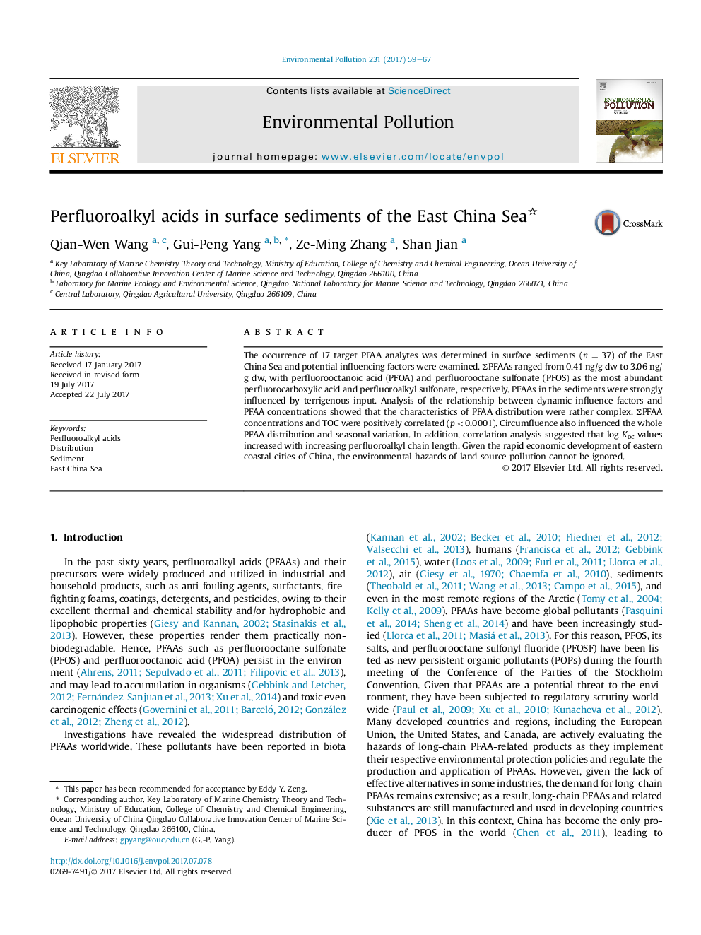 Perfluoroalkyl acids in surface sediments of the East China Sea