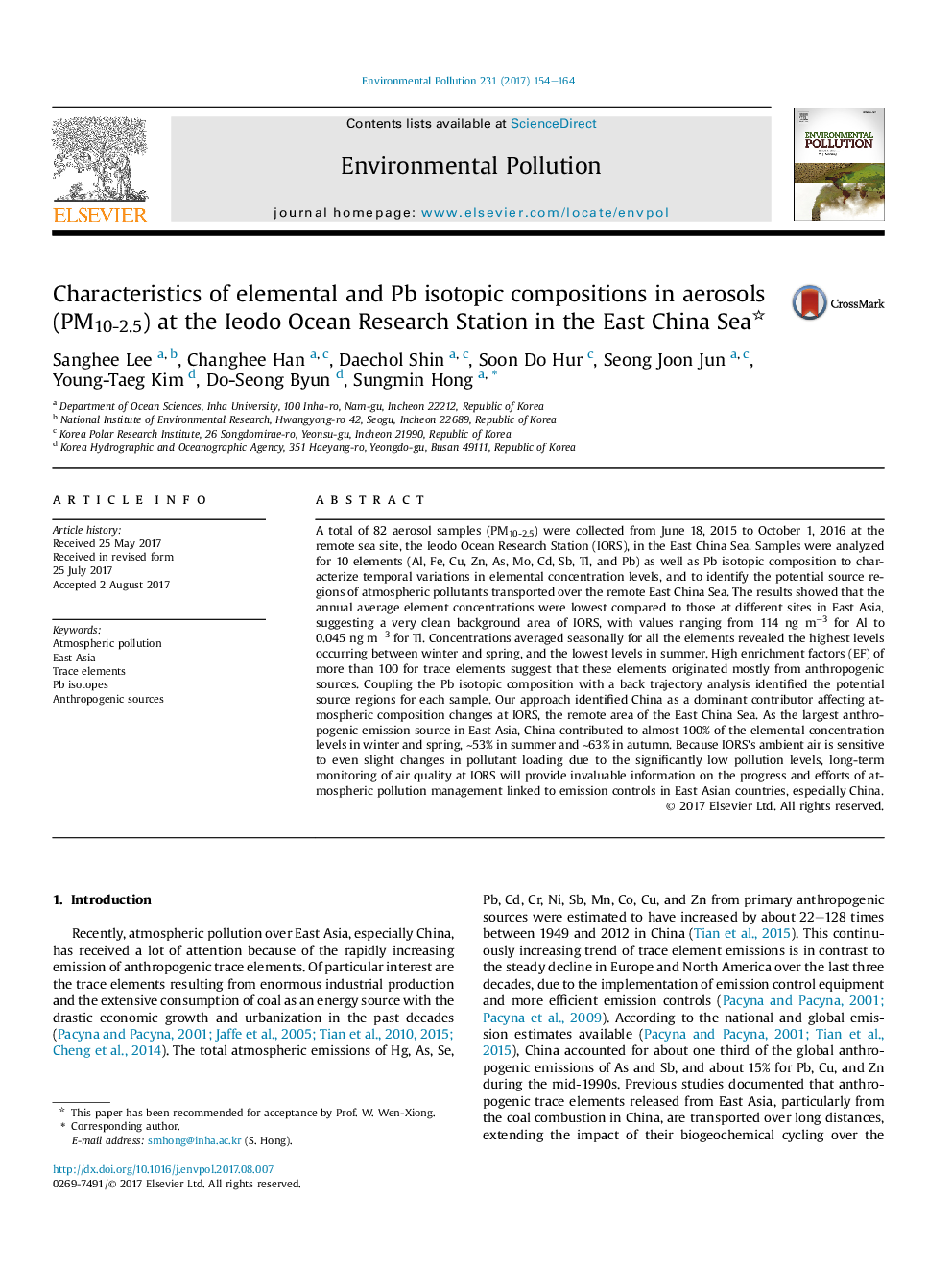 Characteristics of elemental and Pb isotopic compositions in aerosols (PM10-2.5) at the Ieodo Ocean Research Station in the East China Sea