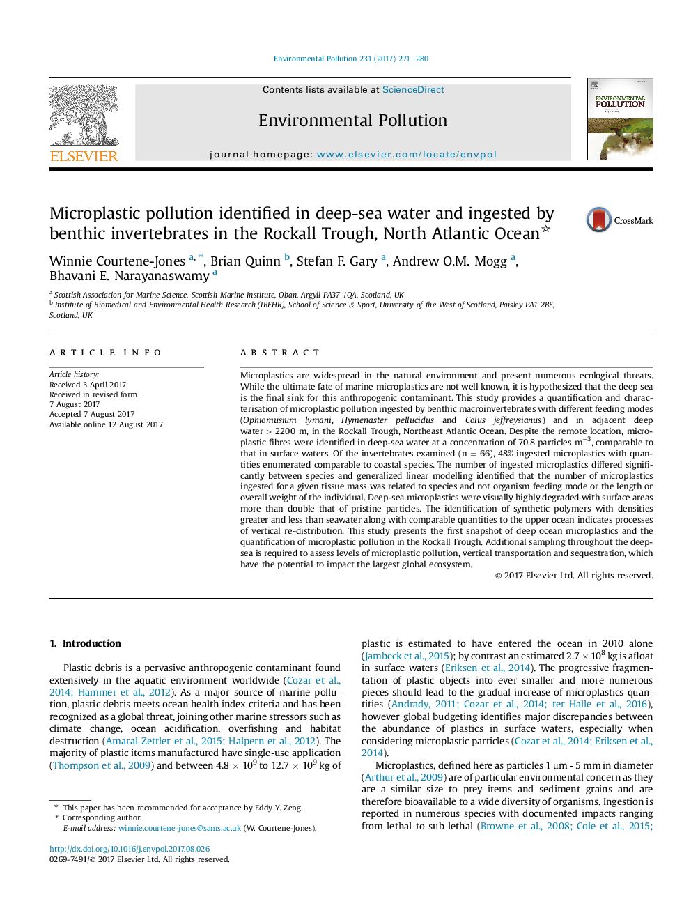 Microplastic pollution identified in deep-sea water and ingested by benthic invertebrates in the Rockall Trough, North Atlantic Ocean