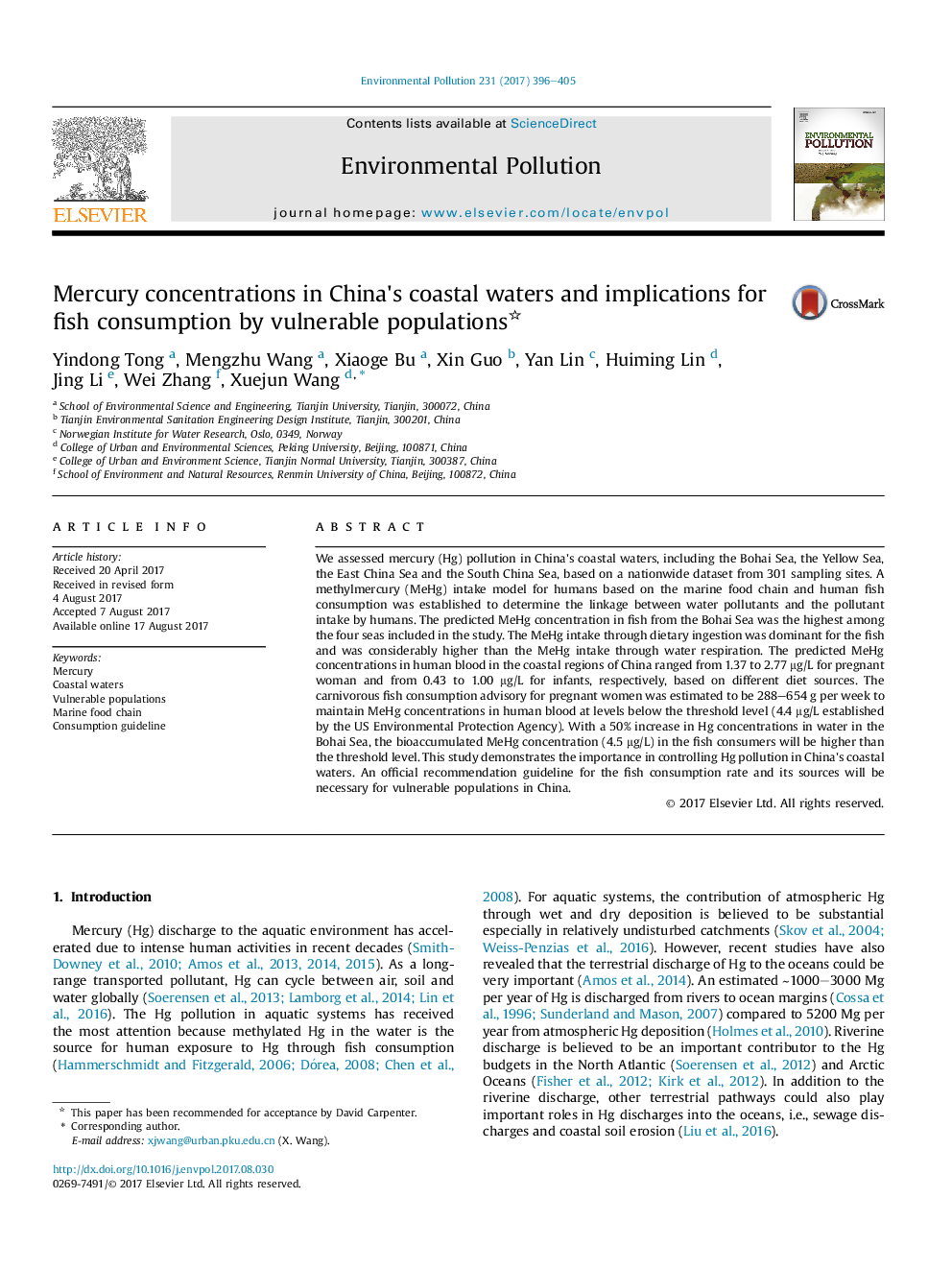 Mercury concentrations in China's coastal waters and implications for fish consumption by vulnerable populations