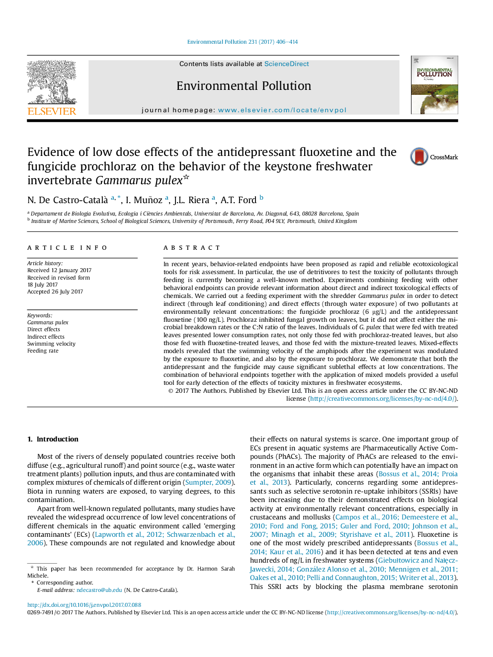 Evidence of low dose effects of the antidepressant fluoxetine and the fungicide prochloraz on the behavior of the keystone freshwater invertebrate Gammarus pulex