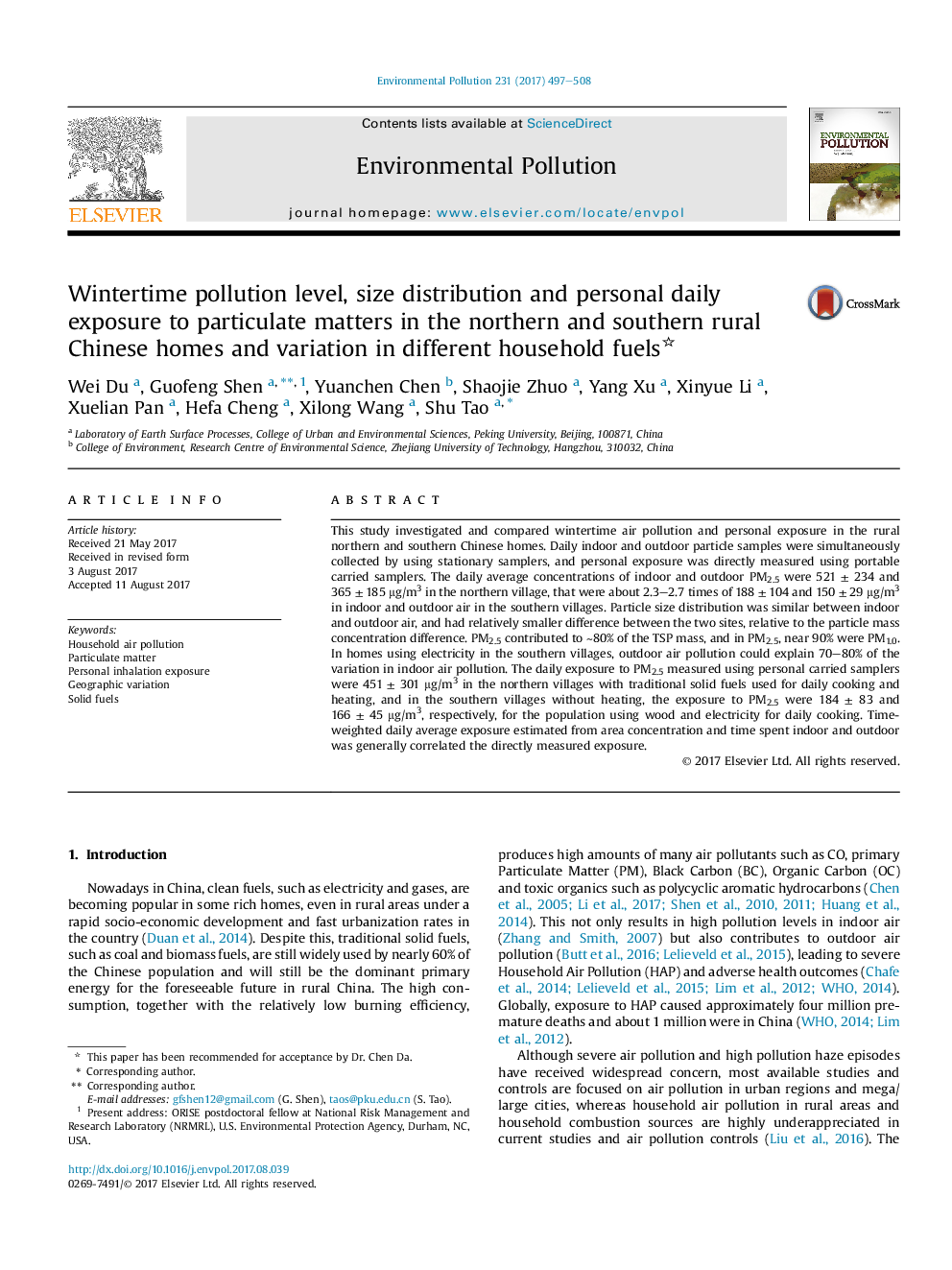 Wintertime pollution level, size distribution and personal daily exposure to particulate matters in the northern and southern rural Chinese homes and variation in different household fuels