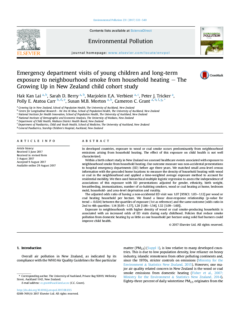 Emergency department visits of young children and long-term exposure to neighbourhood smoke from household heating - The Growing Up in New Zealand child cohort study