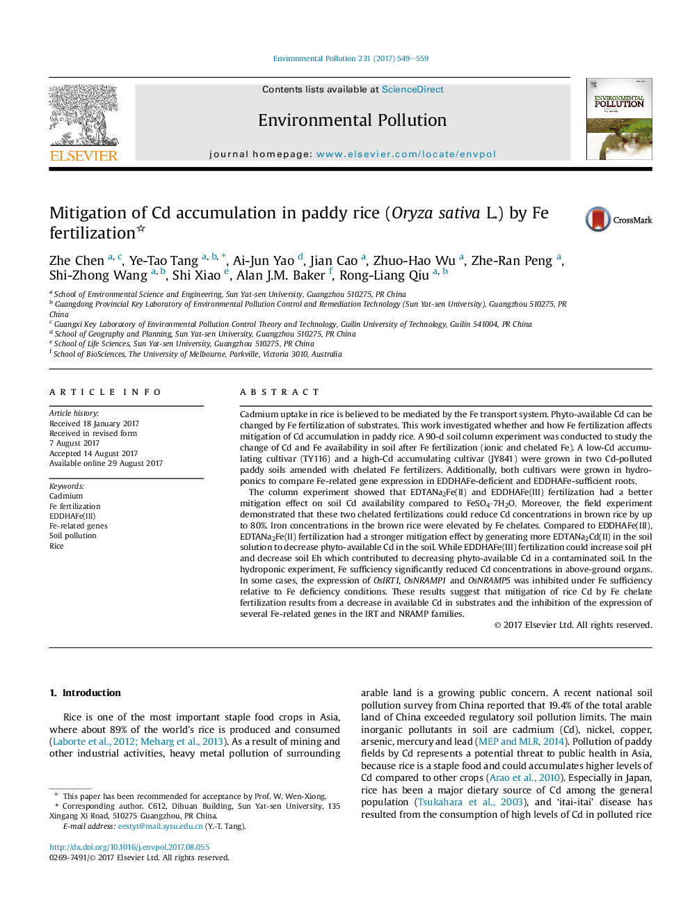 Mitigation of Cd accumulation in paddy rice (Oryza sativa L.) by Fe fertilization