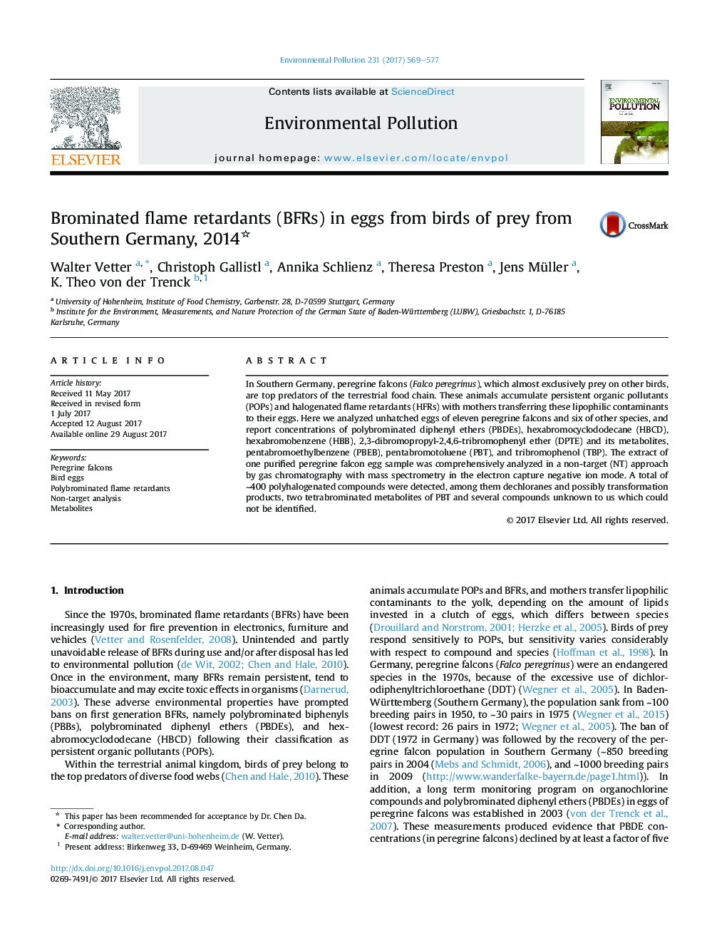 Brominated flame retardants (BFRs) in eggs from birds of prey from Southern Germany, 2014