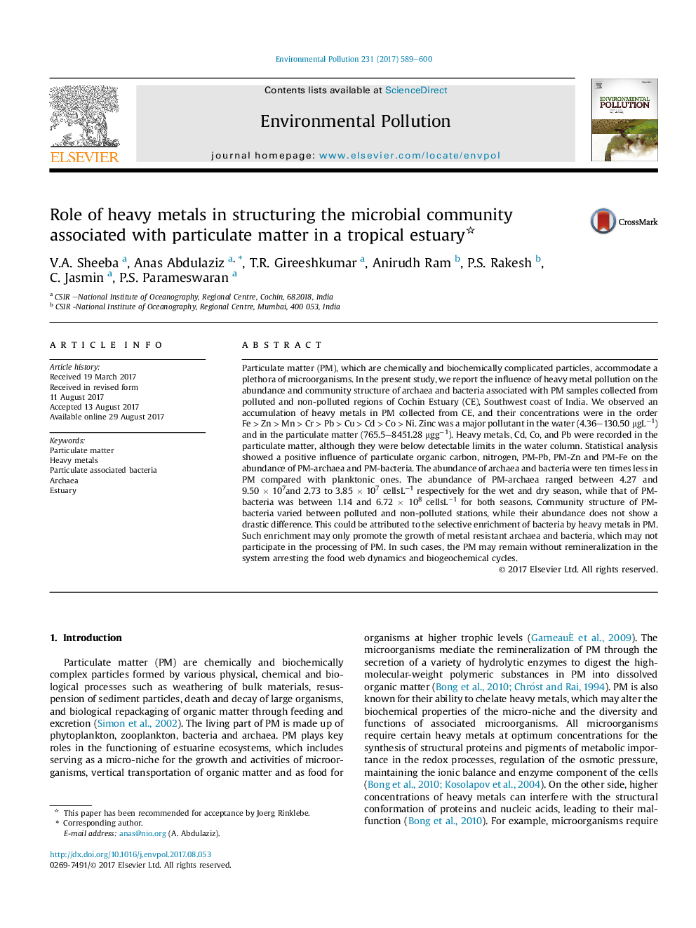 Role of heavy metals in structuring the microbial community associated with particulate matter in a tropical estuary