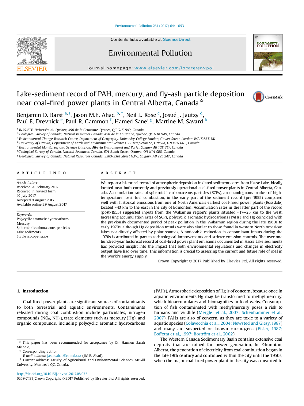 Lake-sediment record of PAH, mercury, and fly-ash particle deposition near coal-fired power plants in Central Alberta, Canada