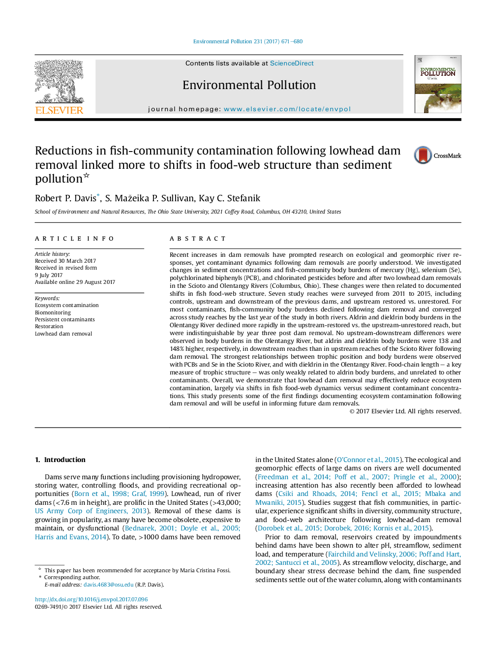 Reductions in fish-community contamination following lowhead dam removal linked more to shifts in food-web structure than sediment pollution