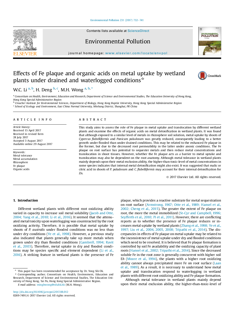 Effects of Fe plaque and organic acids on metal uptake by wetland plants under drained and waterlogged conditions